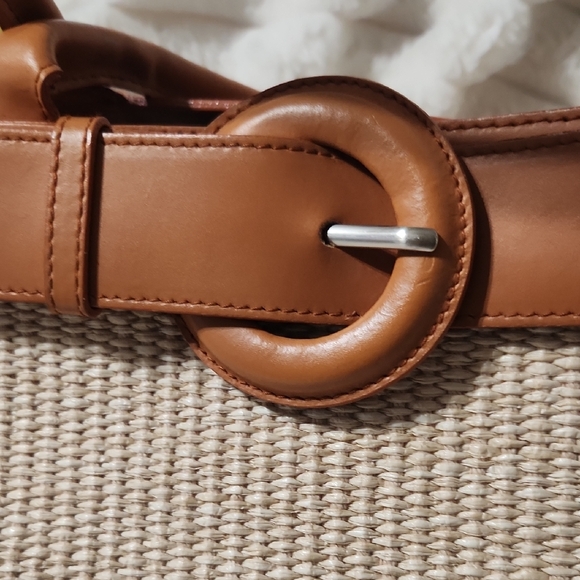 Furla Beige Woven Tote with Tan Leather Trim and Circular Buckle Accent - Picture 2 of 10